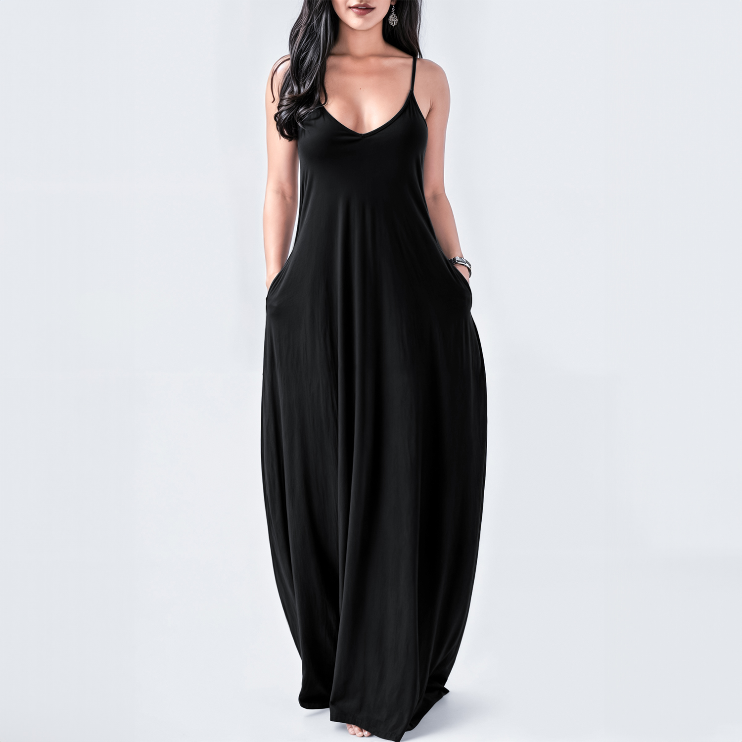 Maxi vestido slip elegante casual noche largo, dama mujer xally 30 escote redondo bolsas