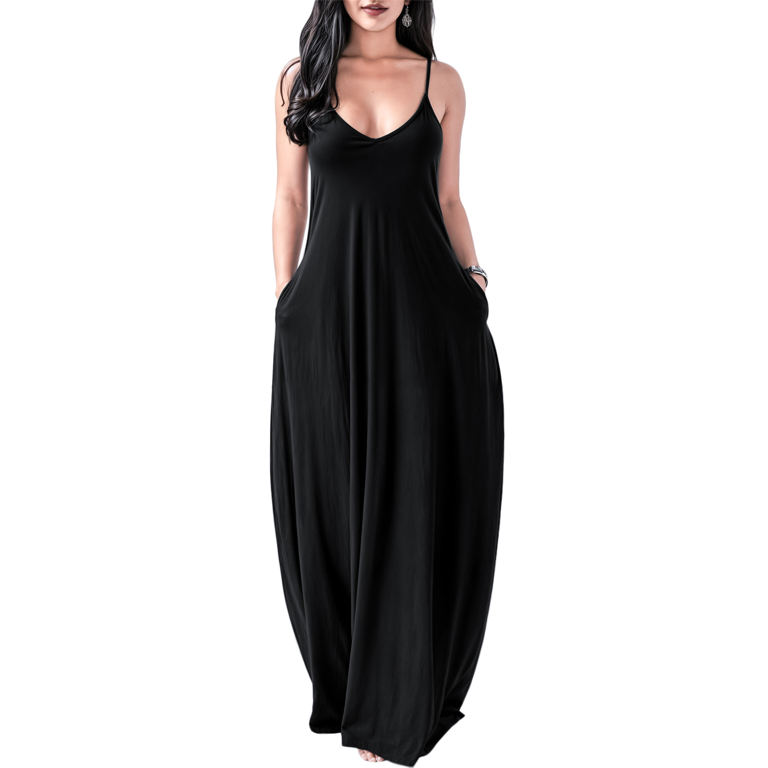Maxi vestido slip elegante casual noche largo, dama mujer xally 30 escote redondo bolsas