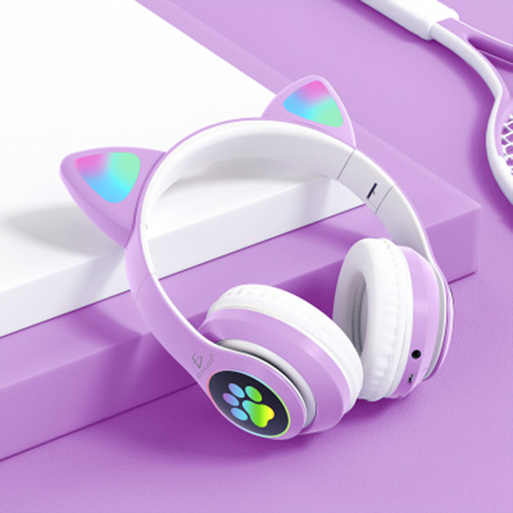 Audifono de Diadema  bonito Gato Bluetooth Auriculares Colorido Led Luminoso