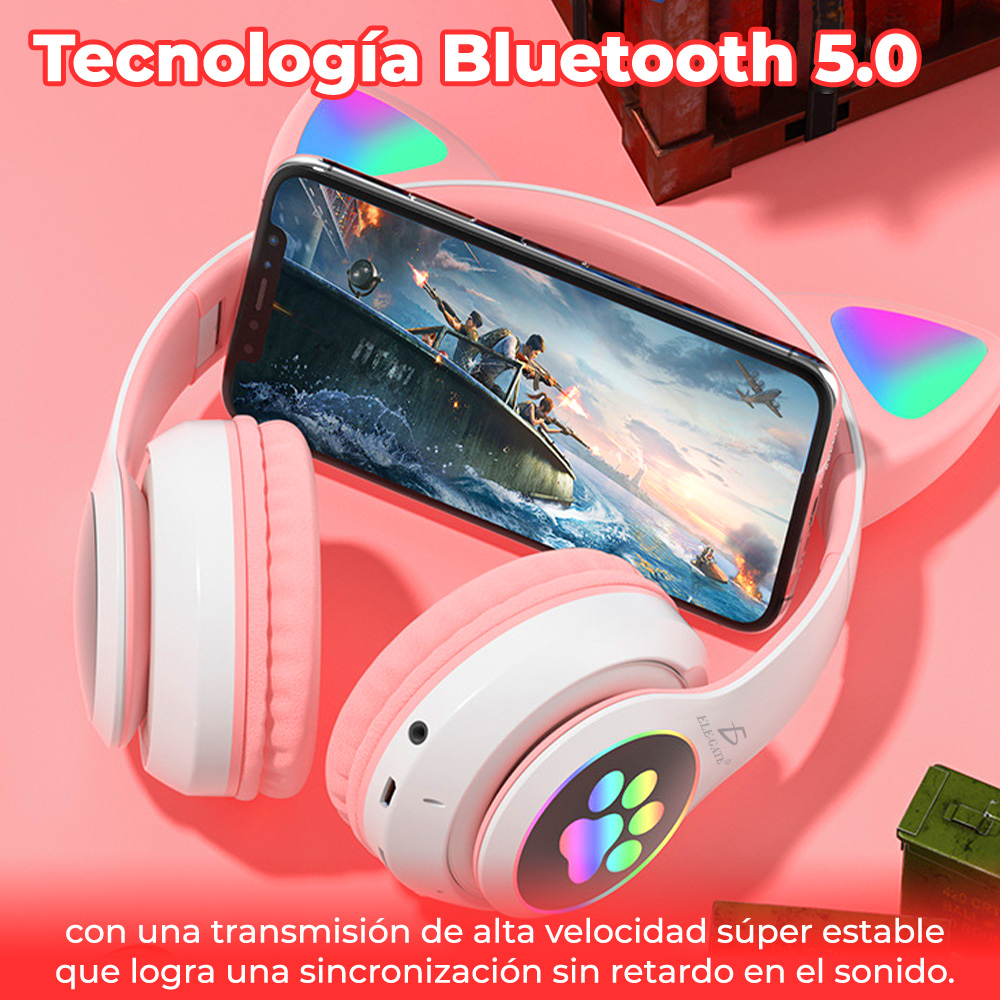 Audifono de Diadema  bonito Gato Bluetooth Auriculares Colorido Led Luminoso