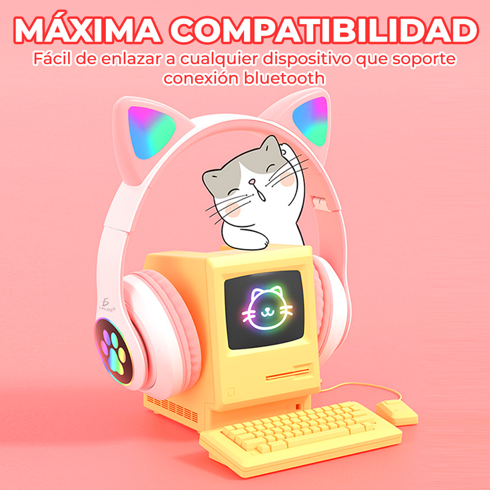 Audifono de Diadema  bonito Gato Bluetooth Auriculares Colorido Led Luminoso