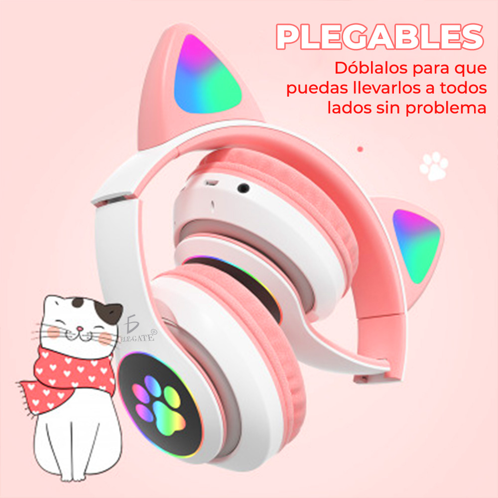 Audifono de Diadema  bonito Gato Bluetooth Auriculares Colorido Led Luminoso