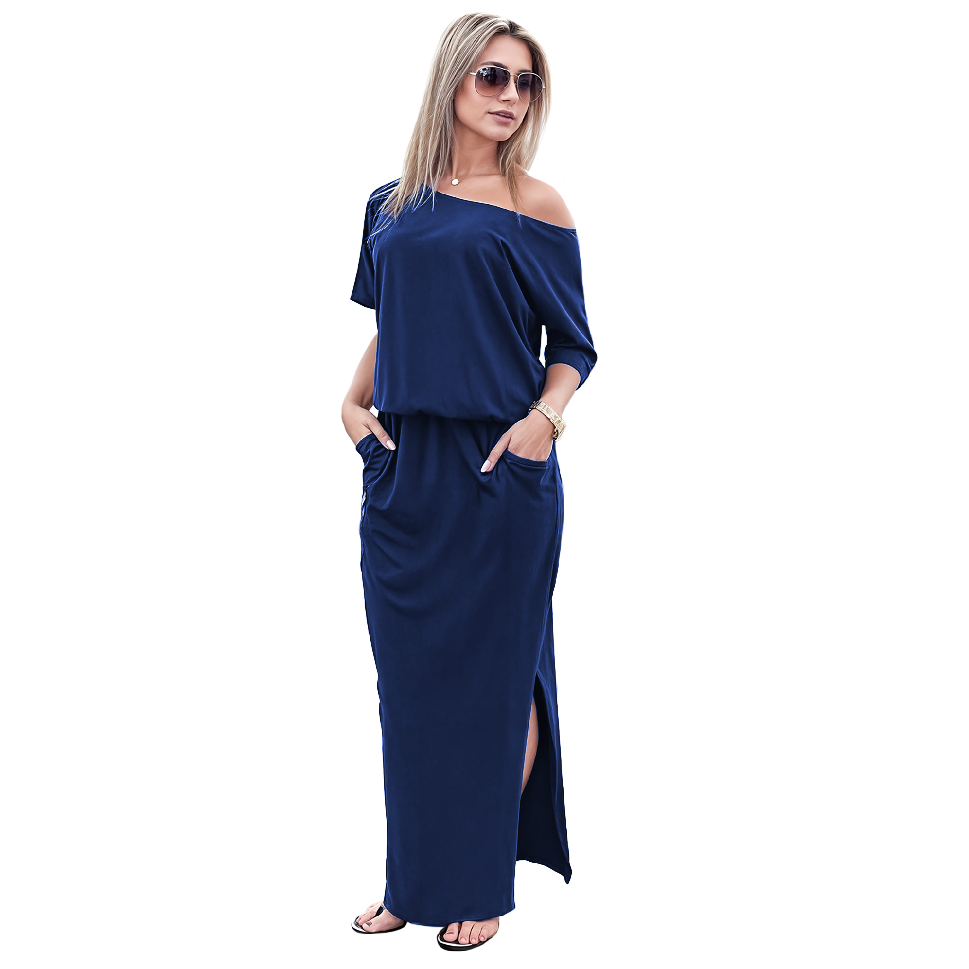 Maxi vestido blusero de playa asimétrico casual fresco ligero largo dama mujer Xally 57 1 hombro abertura bolsas