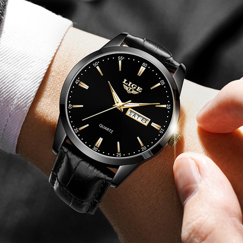 Reloj De Cuarzo Lige LG8970 de Hombre Pulsera De Cuero Correa Negro Bisel Negro Fondo Negro