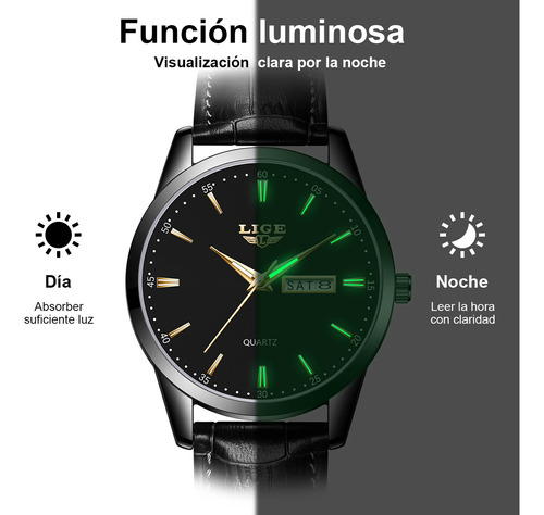 Reloj De Cuarzo Lige LG8970 de Hombre Pulsera De Cuero Correa Negro Bisel Negro Fondo Negro
