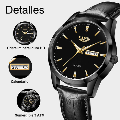 Reloj De Cuarzo Lige LG8970 de Hombre Pulsera De Cuero Correa Negro Bisel Negro Fondo Negro