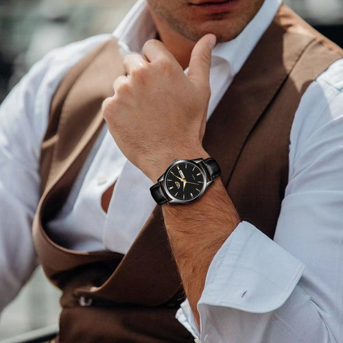 Reloj De Cuarzo Lige LG8970 de Hombre Pulsera De Cuero Correa Negro Bisel Negro Fondo Negro