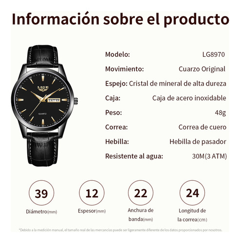 Reloj De Cuarzo Lige LG8970 de Hombre Pulsera De Cuero Correa Negro Bisel Negro Fondo Negro