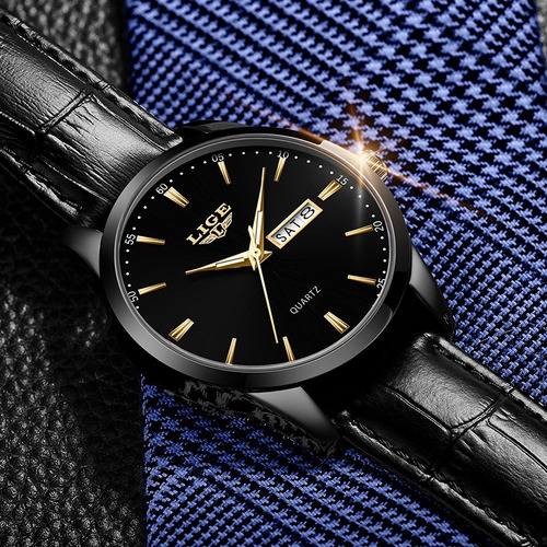 Reloj De Cuarzo Lige LG8970 de Hombre Pulsera De Cuero Correa Negro Bisel Negro Fondo Negro