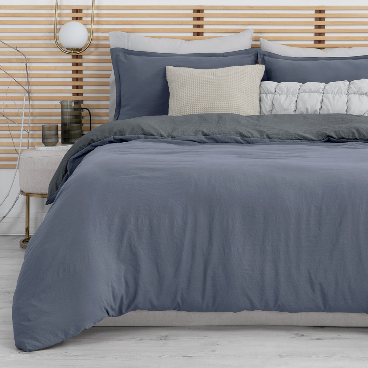  Funda para Duvet Microfibra Acabado Prelavado Sin Relleno más Fundas de Almohada Doble Vista King Size XL Azul - Gris  Esquimal.