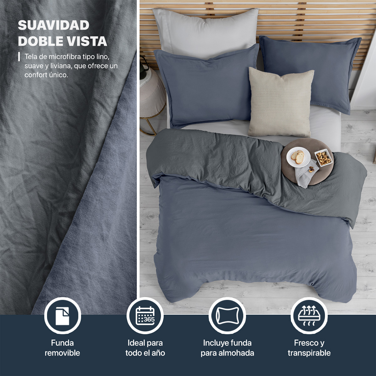  Funda para Duvet Microfibra Acabado Prelavado Sin Relleno más Fundas de Almohada Doble Vista King Size XL Azul - Gris  Esquimal.