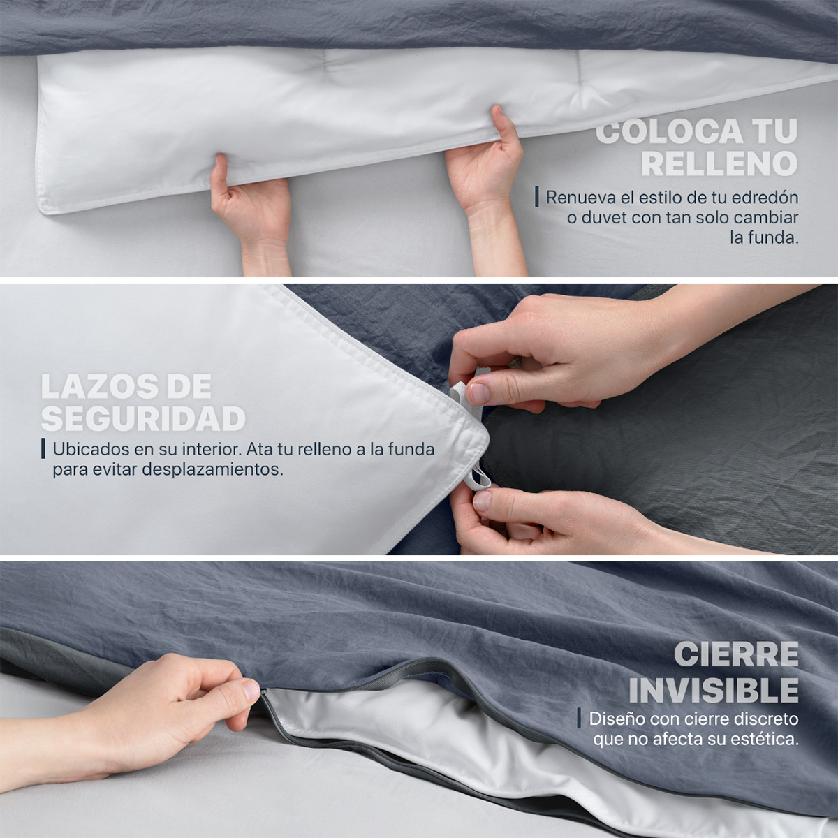  Funda para Duvet Microfibra Acabado Prelavado Sin Relleno más Fundas de Almohada Doble Vista King Size XL Azul - Gris  Esquimal.