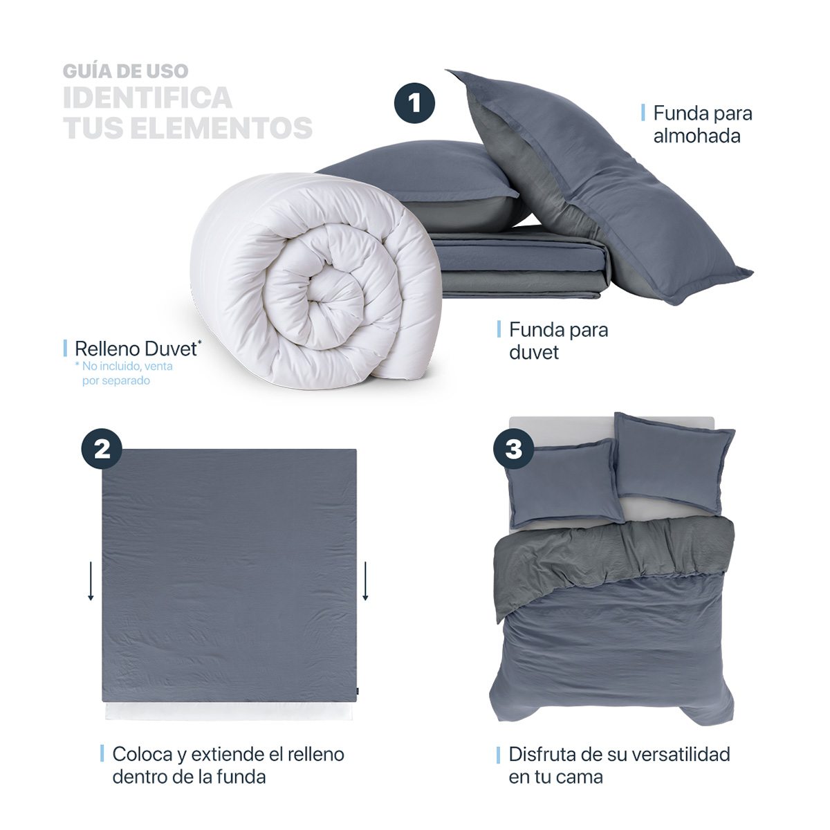  Funda para Duvet Microfibra Acabado Prelavado Sin Relleno más Fundas de Almohada Doble Vista King Size XL Azul - Gris  Esquimal.