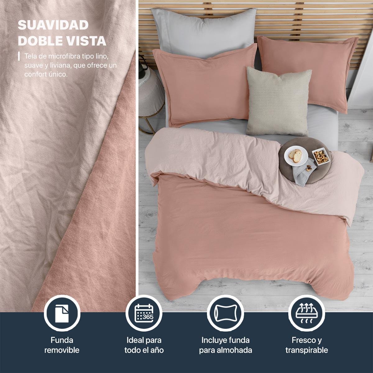 Funda para Duvet Microfibra Acabado Prelavado Sin Relleno más Fundas de Almohada Doble Vista Matrimonial XL Rosa - Rosa Claro Esquimal.