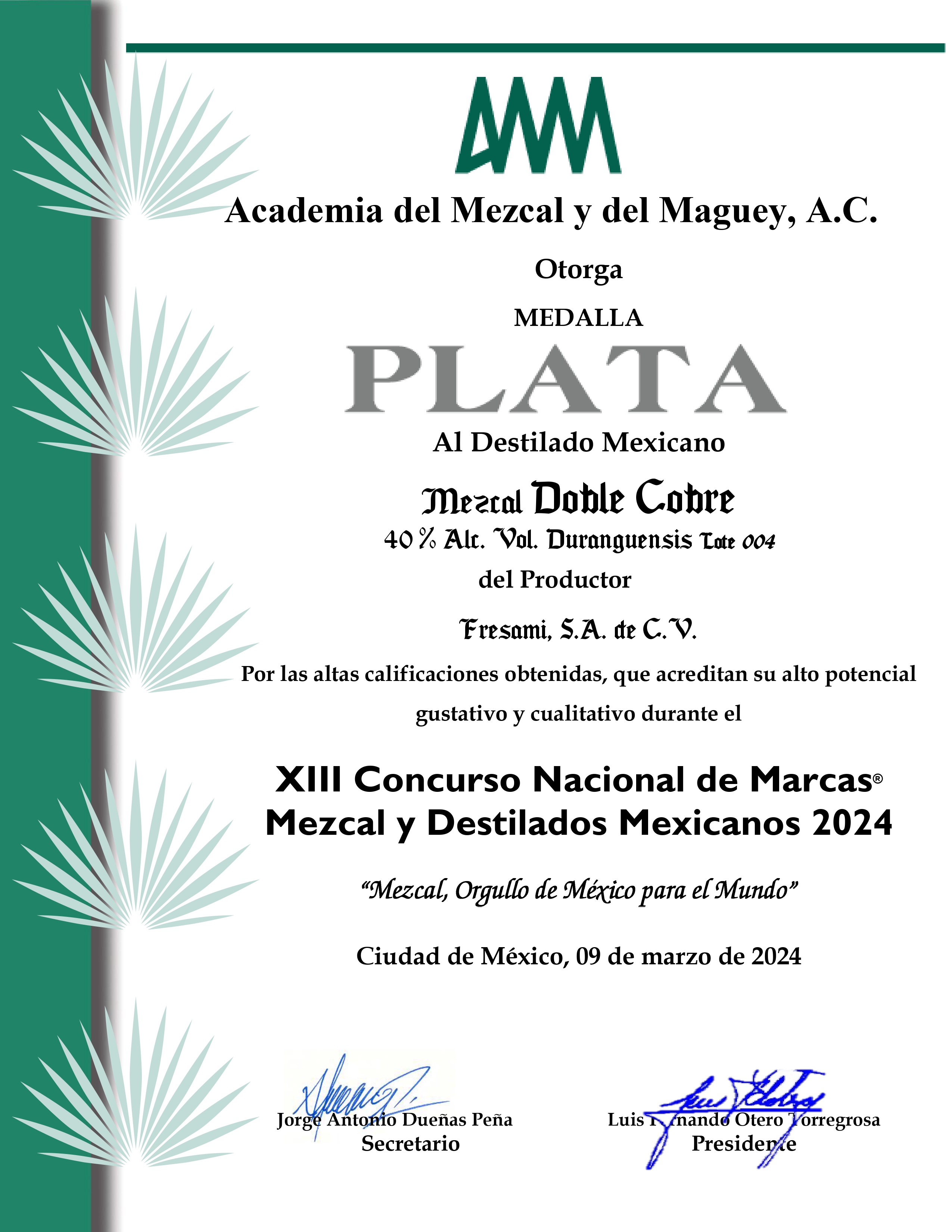 DOBLE COBRE | 1 Botella 750 ML | Mezcal Premium | Joven 100% Agave Cenizo DURANGENSIS | 40% Grados de Alcohol.