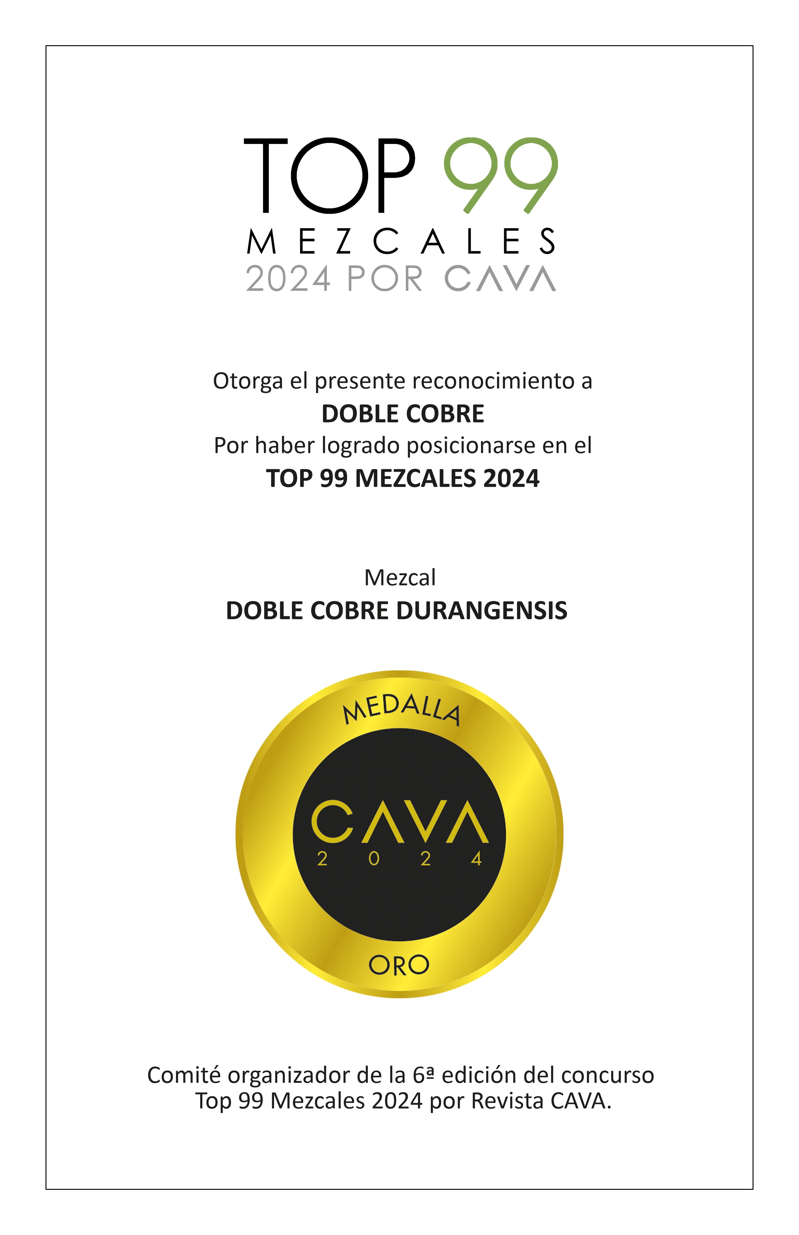 DOBLE COBRE | 1 Botella 750 ML | Mezcal Premium | Joven 100% Agave Cenizo DURANGENSIS | 40% Grados de Alcohol.