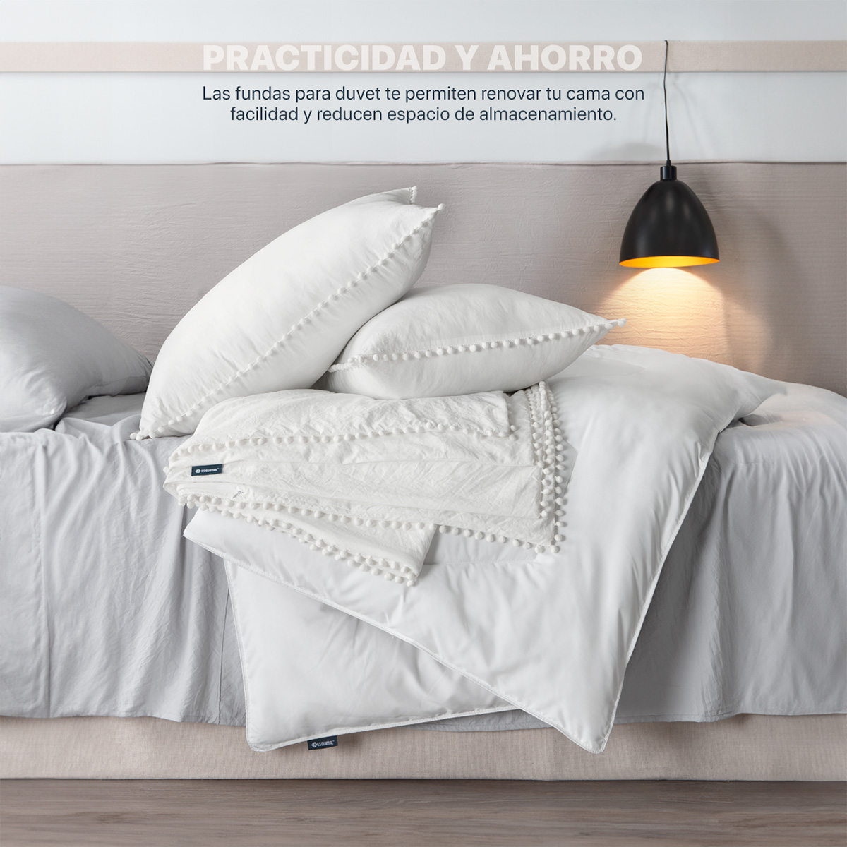 Funda de Duvet con Pompones Acabado Prelavado Sin Relleno Doble Vista Matrimonial Blanco Esquimal