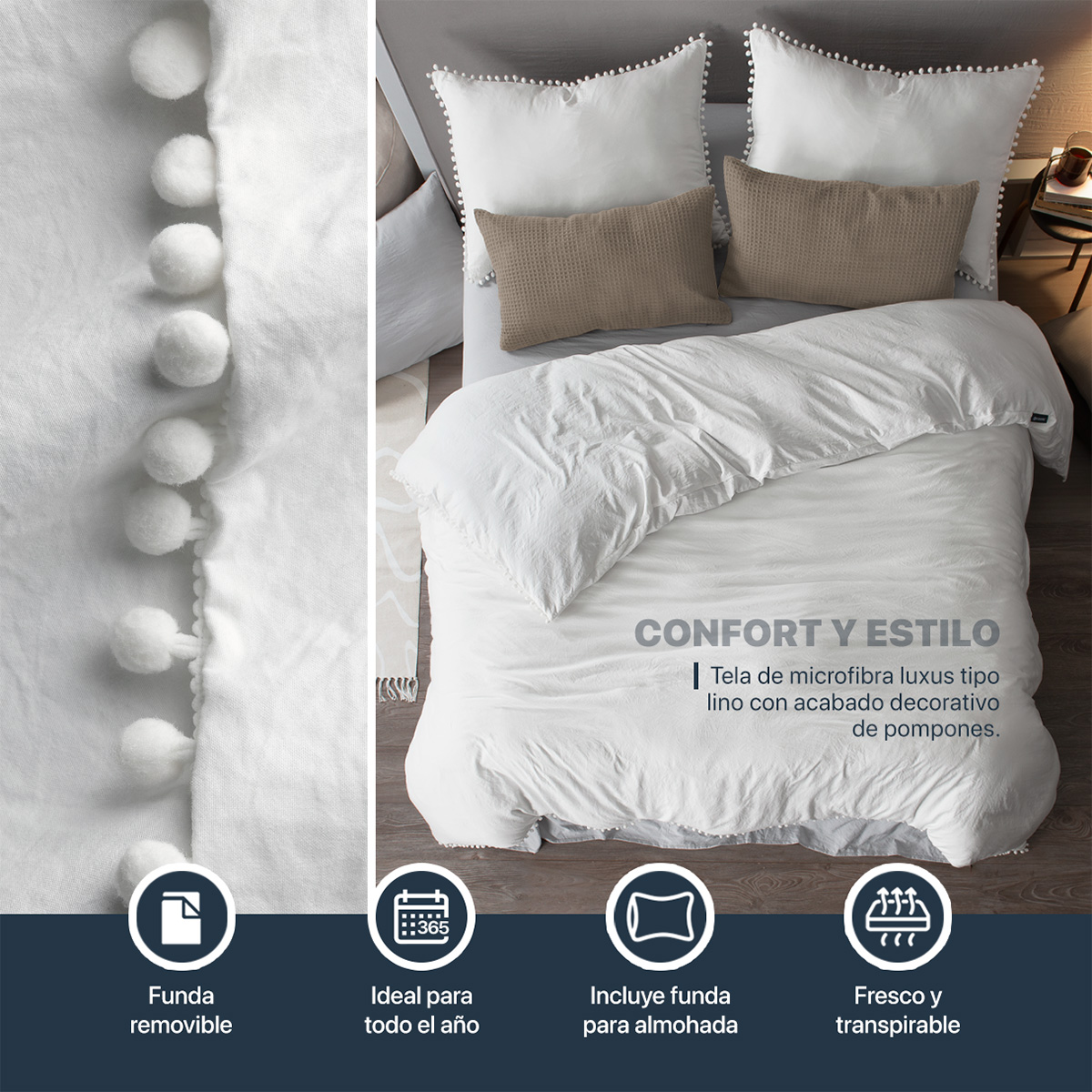 Funda de Duvet con Pompones Acabado Prelavado Sin Relleno Doble Vista King Size Blanco Esquimal