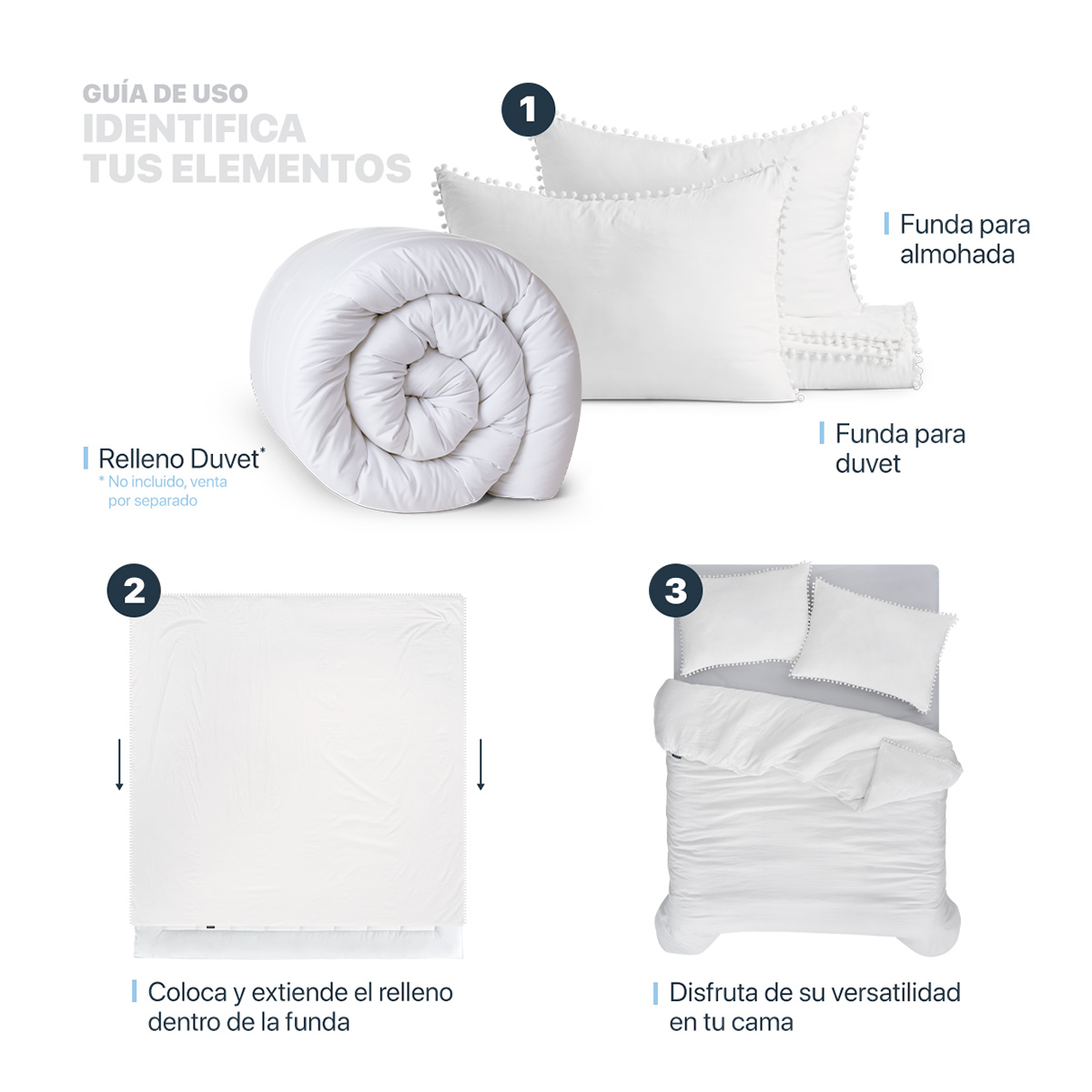 Funda de Duvet con Pompones Acabado Prelavado Sin Relleno Doble Vista King Size Blanco Esquimal