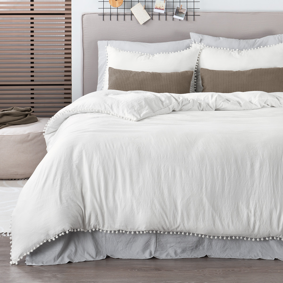 Funda de Duvet con Pompones Acabado Prelavado Sin Relleno Doble Vista King Size Blanco Esquimal