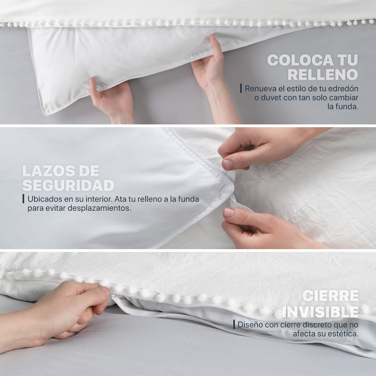 Funda de Duvet con Pompones Acabado Prelavado Sin Relleno Doble Vista King Size Blanco Esquimal
