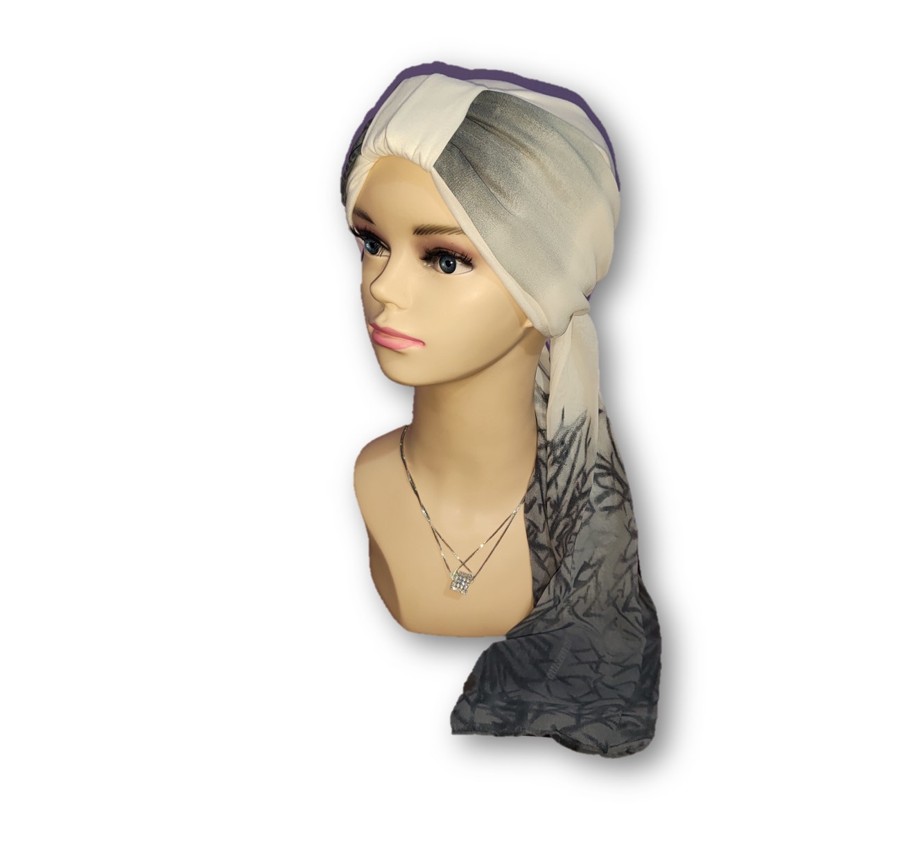 Gorro para Mujer tipo turbante con mascada y banda de algodón seda (pack 1 pieza). Oncológicos, alopecia, Moda, Elegante perla.