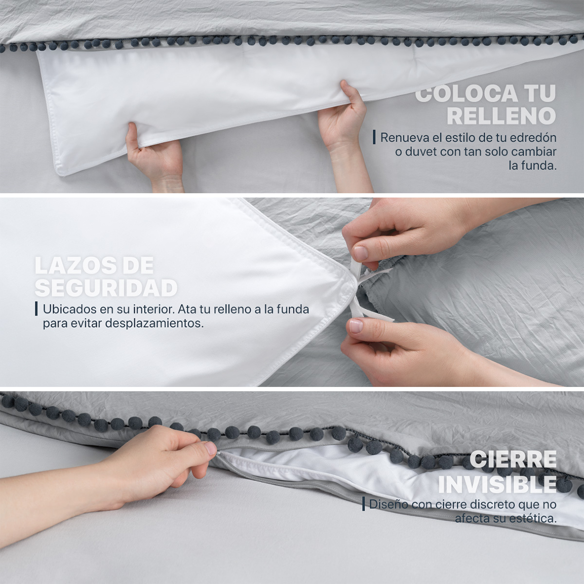 Funda de Duvet con Pompones Acabado Prelavado Sin Relleno Doble Vista King Size XL Gris Claro  Esquimal