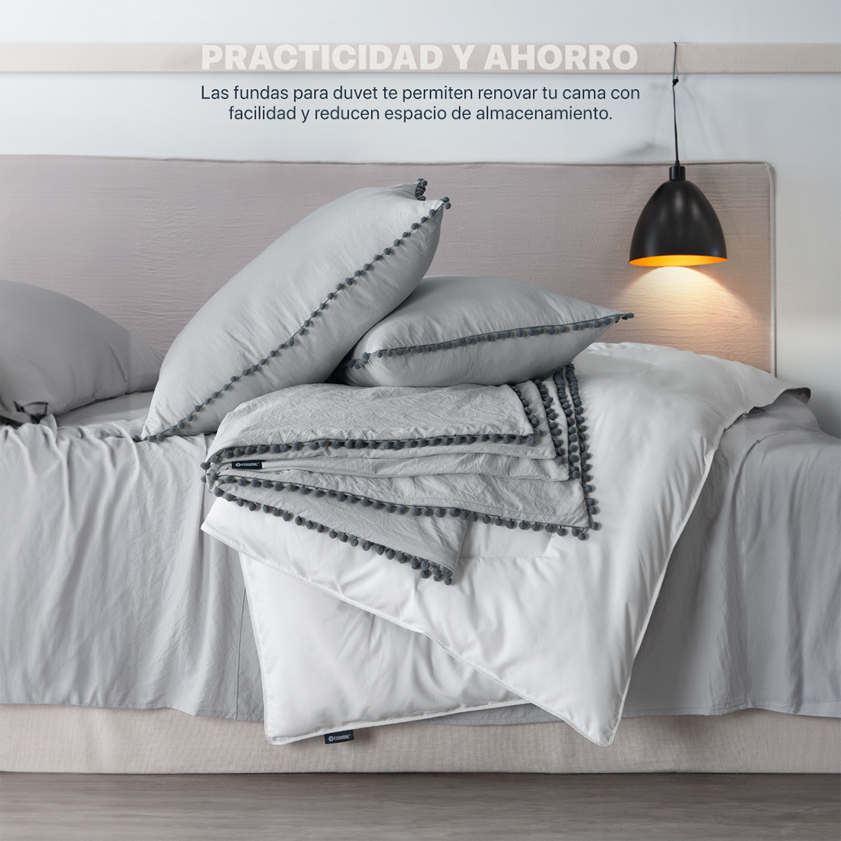 Funda de Duvet con Pompones Acabado Prelavado Sin Relleno Doble Vista King Size XL Gris Claro  Esquimal