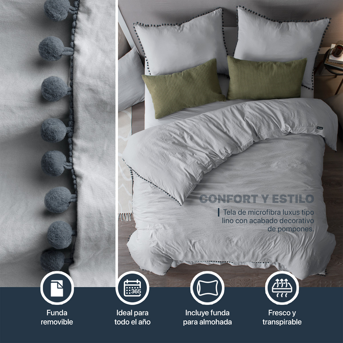 Funda de Duvet con Pompones Acabado Prelavado Sin Relleno Doble Vista King Size XL Gris Claro  Esquimal