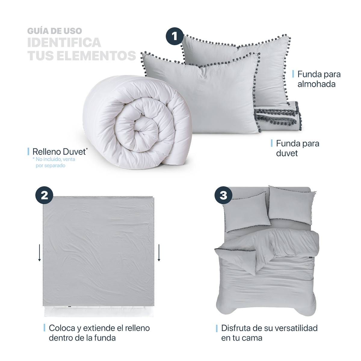 Funda de Duvet con Pompones Acabado Prelavado Sin Relleno Doble Vista King Size XL Gris Claro  Esquimal