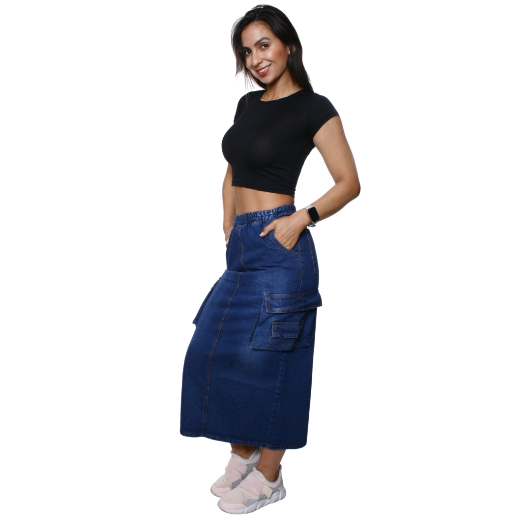 FALDA LARGA DE MEZCLILLA STRETCH CARGO BOLSAS A LOS COSTADOS PARA DAMA