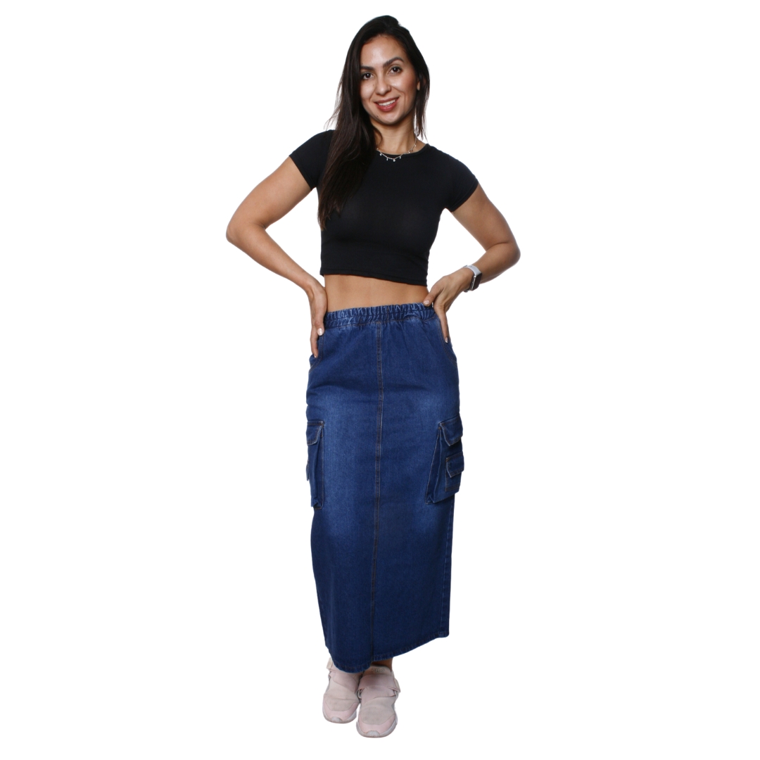 FALDA LARGA DE MEZCLILLA STRETCH CARGO BOLSAS A LOS COSTADOS PARA DAMA