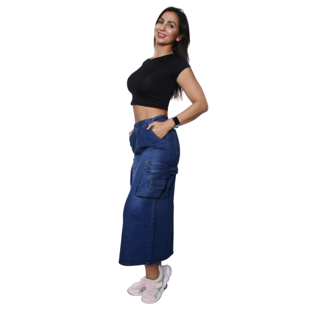FALDA LARGA DE MEZCLILLA STRETCH CARGO BOLSAS A LOS COSTADOS PARA DAMA