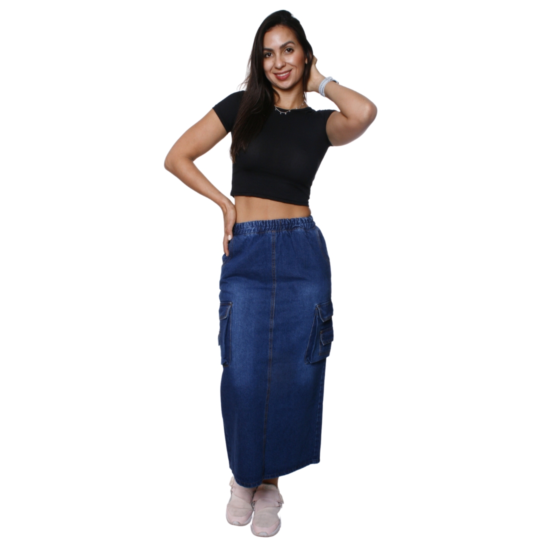 FALDA LARGA DE MEZCLILLA STRETCH CARGO BOLSAS A LOS COSTADOS PARA DAMA