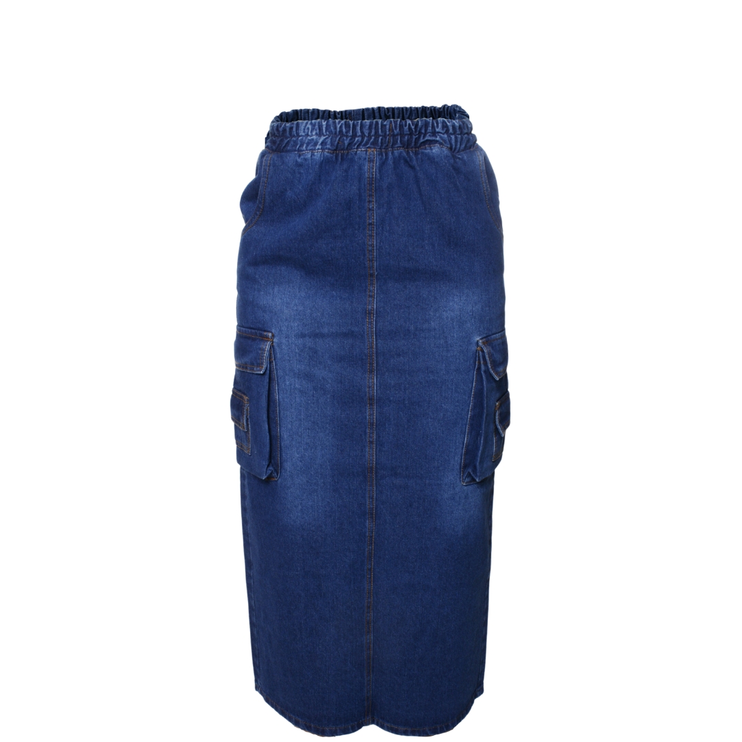 FALDA LARGA DE MEZCLILLA STRETCH CARGO BOLSAS A LOS COSTADOS PARA DAMA
