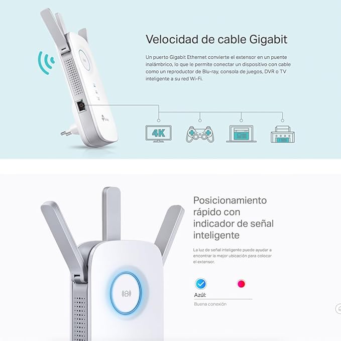 TP-Link RE450 Extensor de Rango de Repetidor WiFi de Banda Dual Universal, 3 Antenas Externas, Puerto Gigabit Ethernet, AC1750, Modo AP Compatible, Blanco