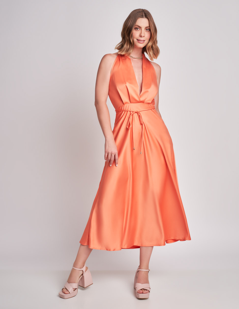Vestido Halter Largo Midi: Elegancia Satinada con Espalda Descubierta