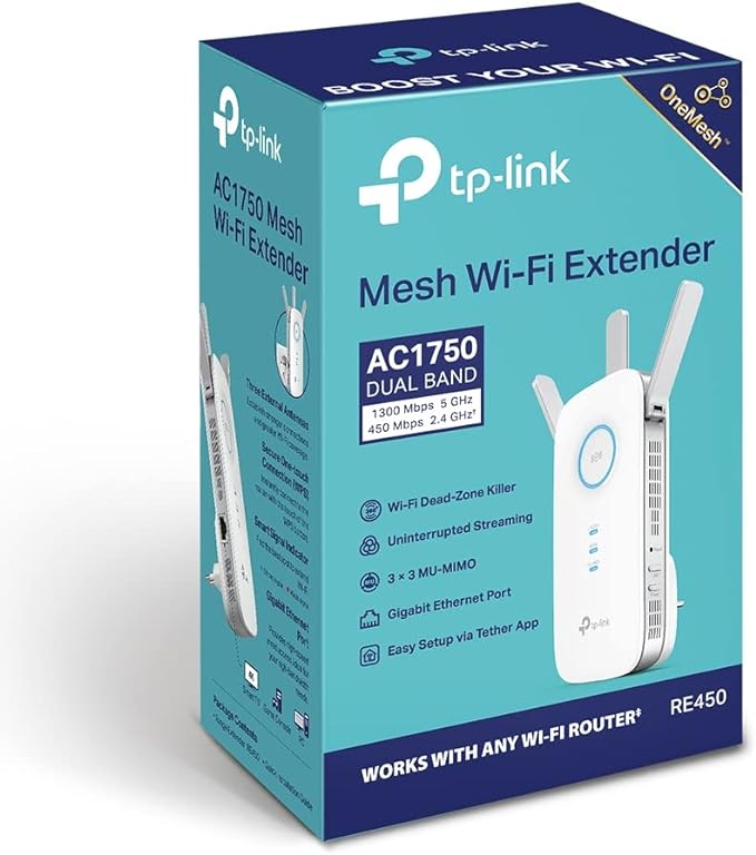 TP-Link RE450 Extensor de Rango de Repetidor WiFi de Banda Dual Universal, 3 Antenas Externas, Puerto Gigabit Ethernet, AC1750, Modo AP Compatible, Blanco
