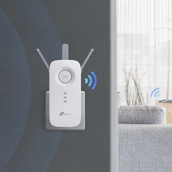 TP-Link RE450 Extensor de Rango de Repetidor WiFi de Banda Dual Universal, 3 Antenas Externas, Puerto Gigabit Ethernet, AC1750, Modo AP Compatible, Blanco