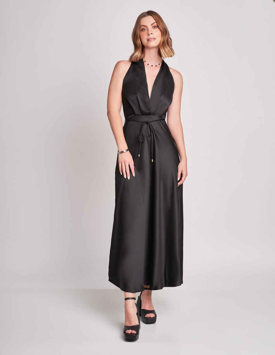 Vestido Halter Negro Largo Midi: Elegancia Satinada con Espalda