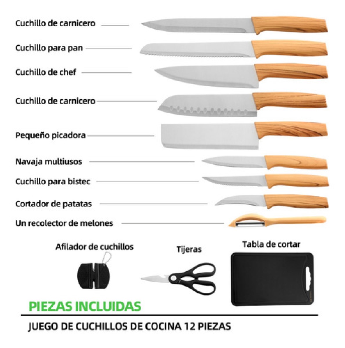 "Juego Paquete Cuchillo Cocina Profesionale Acero Inoxidable mango de madera "