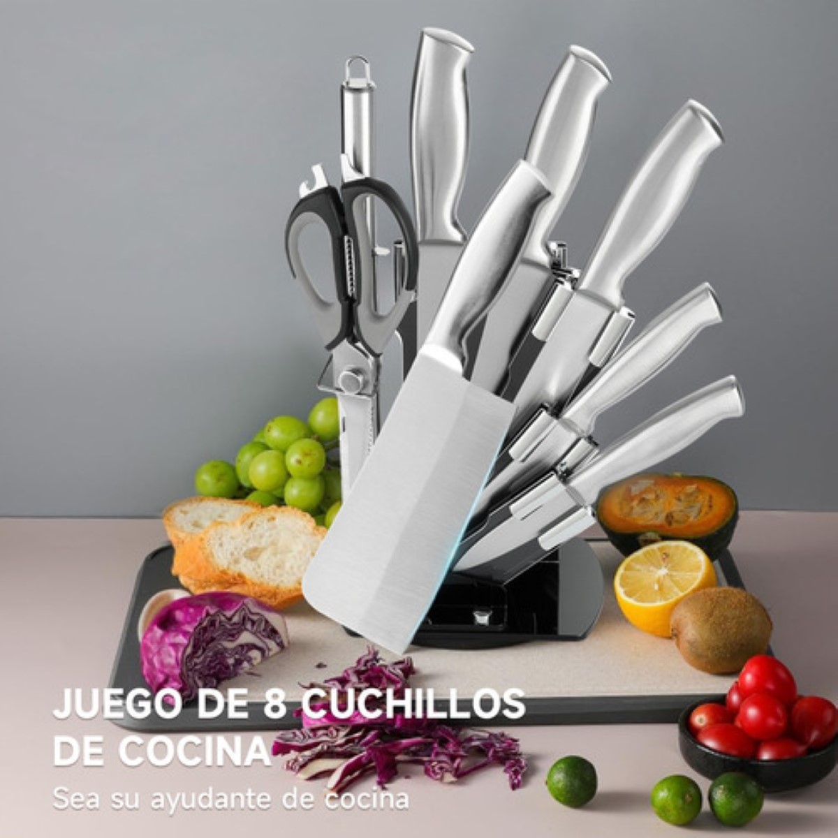 "Juego De Cuchillos De Cocina Profesional 8 Piezas Con Base plata "