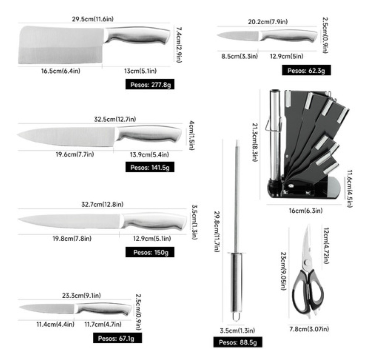 "Juego De Cuchillos De Cocina Profesional 8 Piezas Con Base plata "