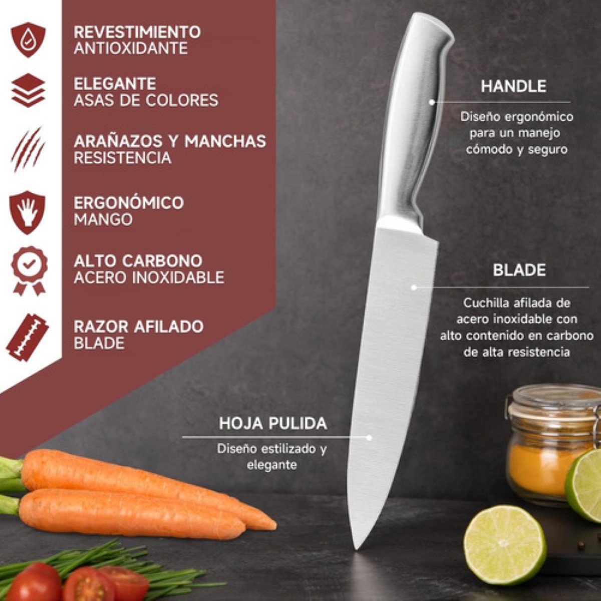 "Juego De Cuchillos De Cocina Profesional 8 Piezas Con Base plata "