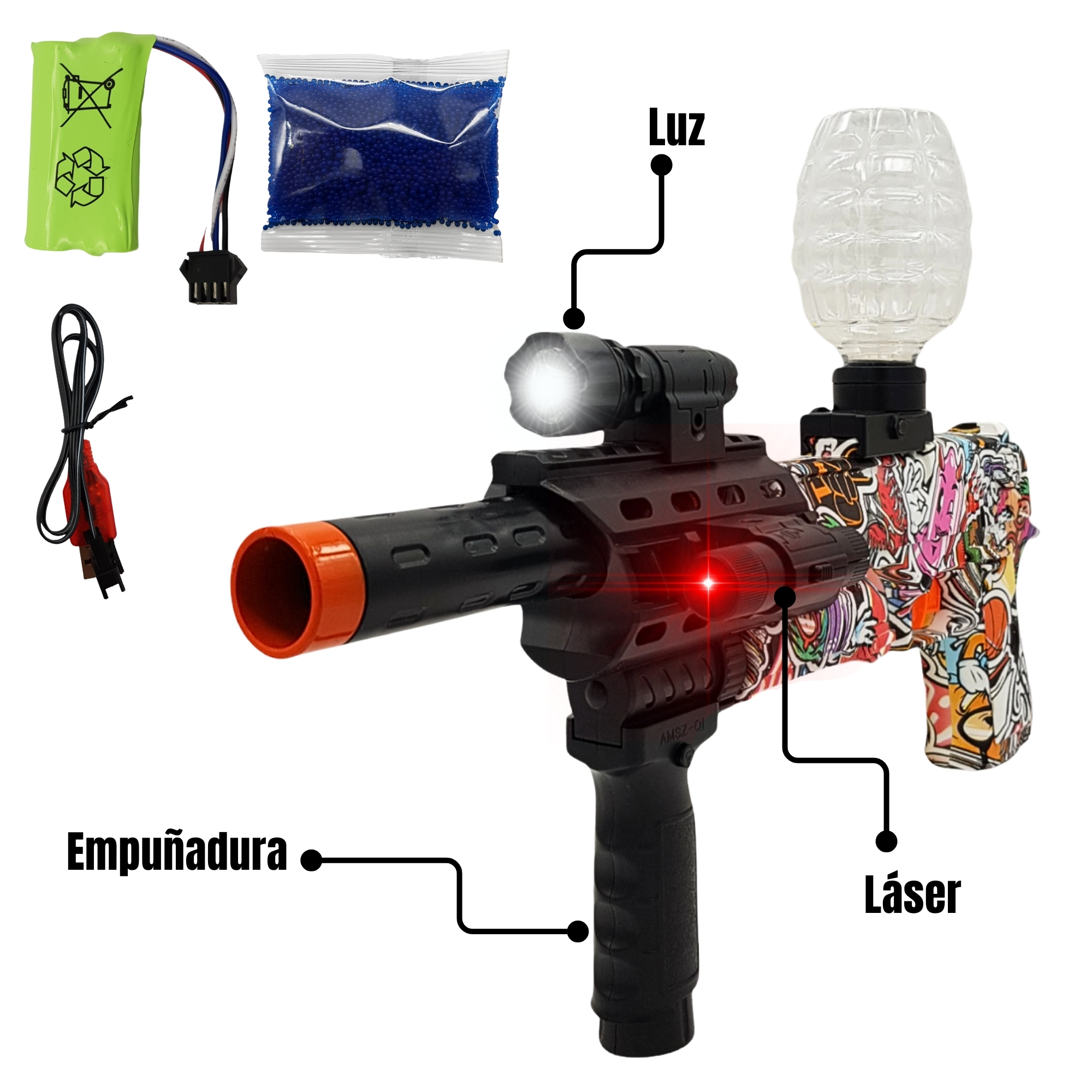 Pistola de Hidrogel con 5000 bolitas de gel con bateria,lentes - Rojo.
