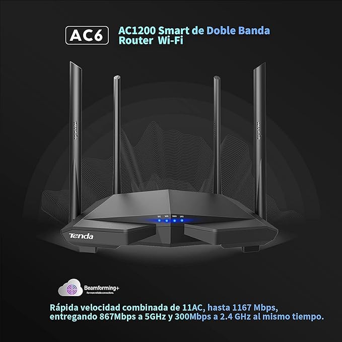 Tenda AC6 WiFi Router Inalámbrico Inteligente, Enrutador AC1200, Doble Banda de 2.4G y 5G, 4 Antenas Externas de 5dBi, MU-MIMO, Beamforming, Ahorro de Energía, Configuración Fácil, Negro