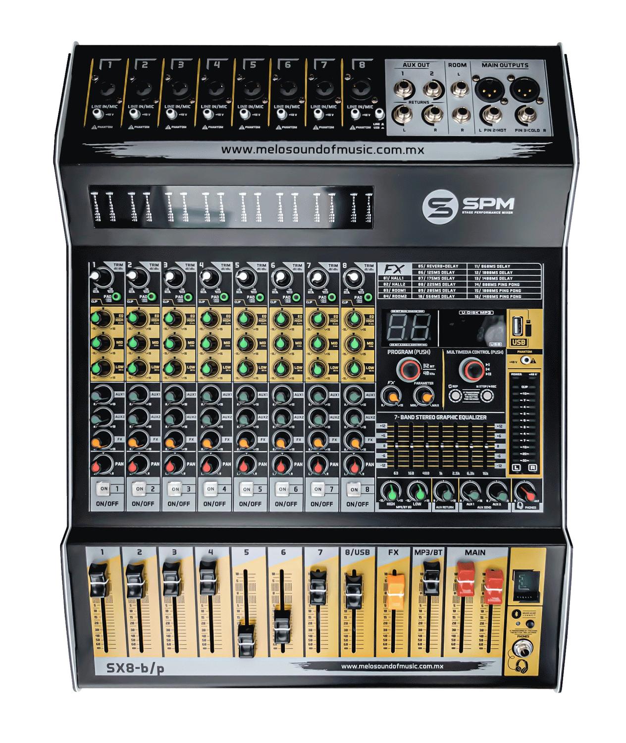 Melo SPM SX8-BP Mezcladora Análoga 8 Canales Con Bluetooth.