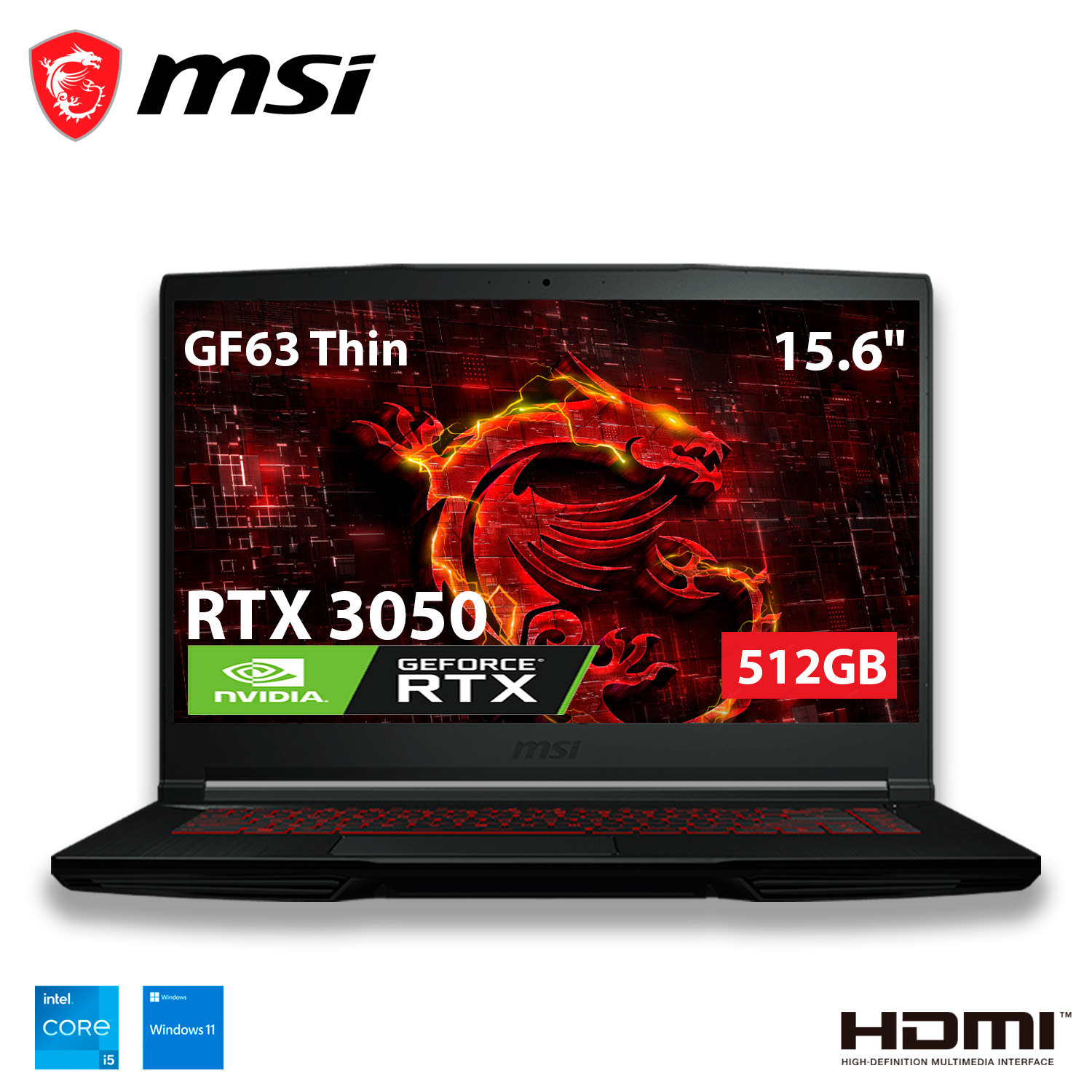 Laptop MSI GF63 Thin 15.6" Full HD Intel Core i5-11400H 2.70GHz 16GB 512GB SSD GeForce RTX 3050 Windows 11 Home Inglés Negro.