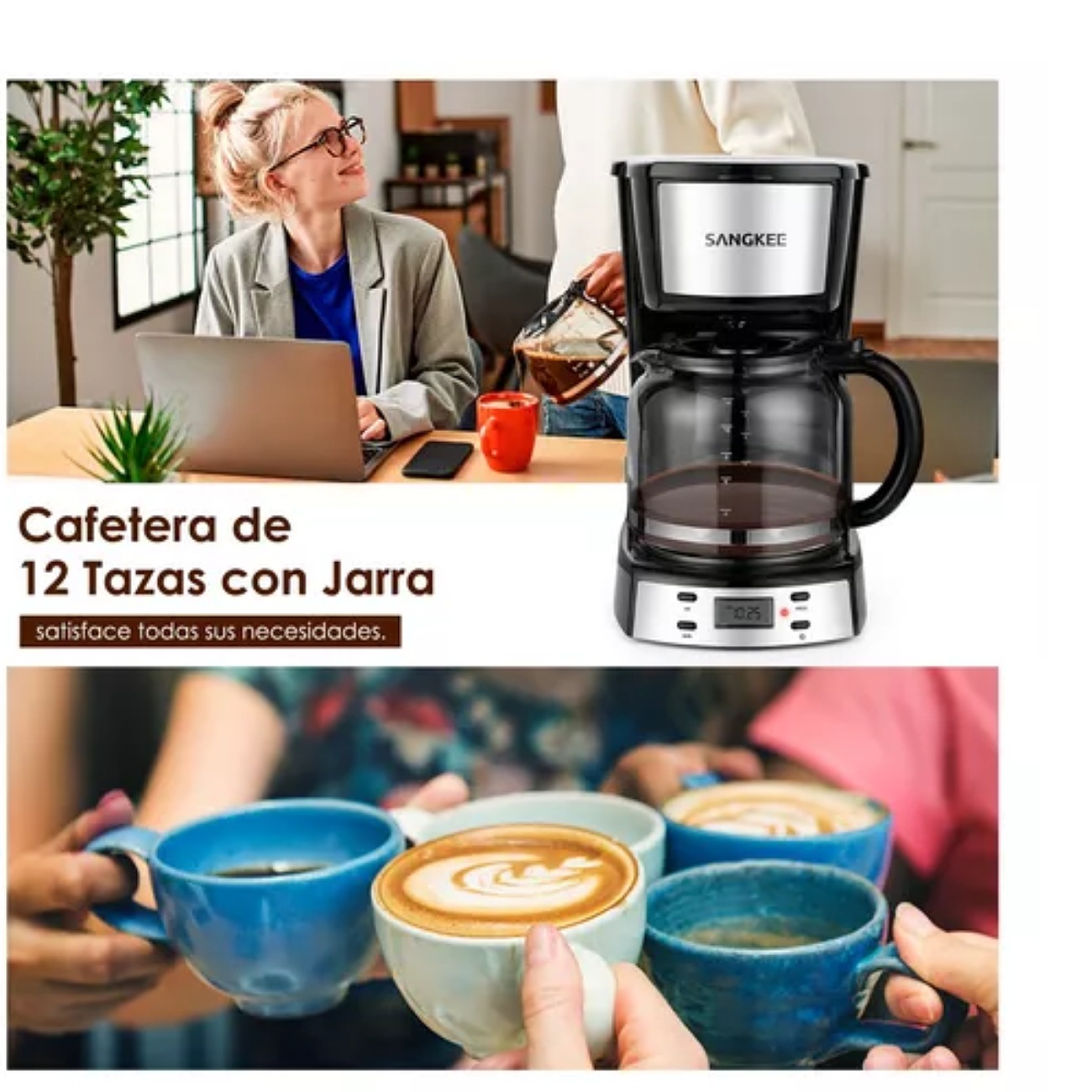 Sangkee Cafetera De Goteo, Cafetera Eléctrica 12 Tazas De Cafe Programable Con Temporizador De 24h, 1.8l Jarra De Vidrio,Electrodomesticos Cocina Cafetera Compacta Con Filtro Permanente Y Cuchar, DPS1