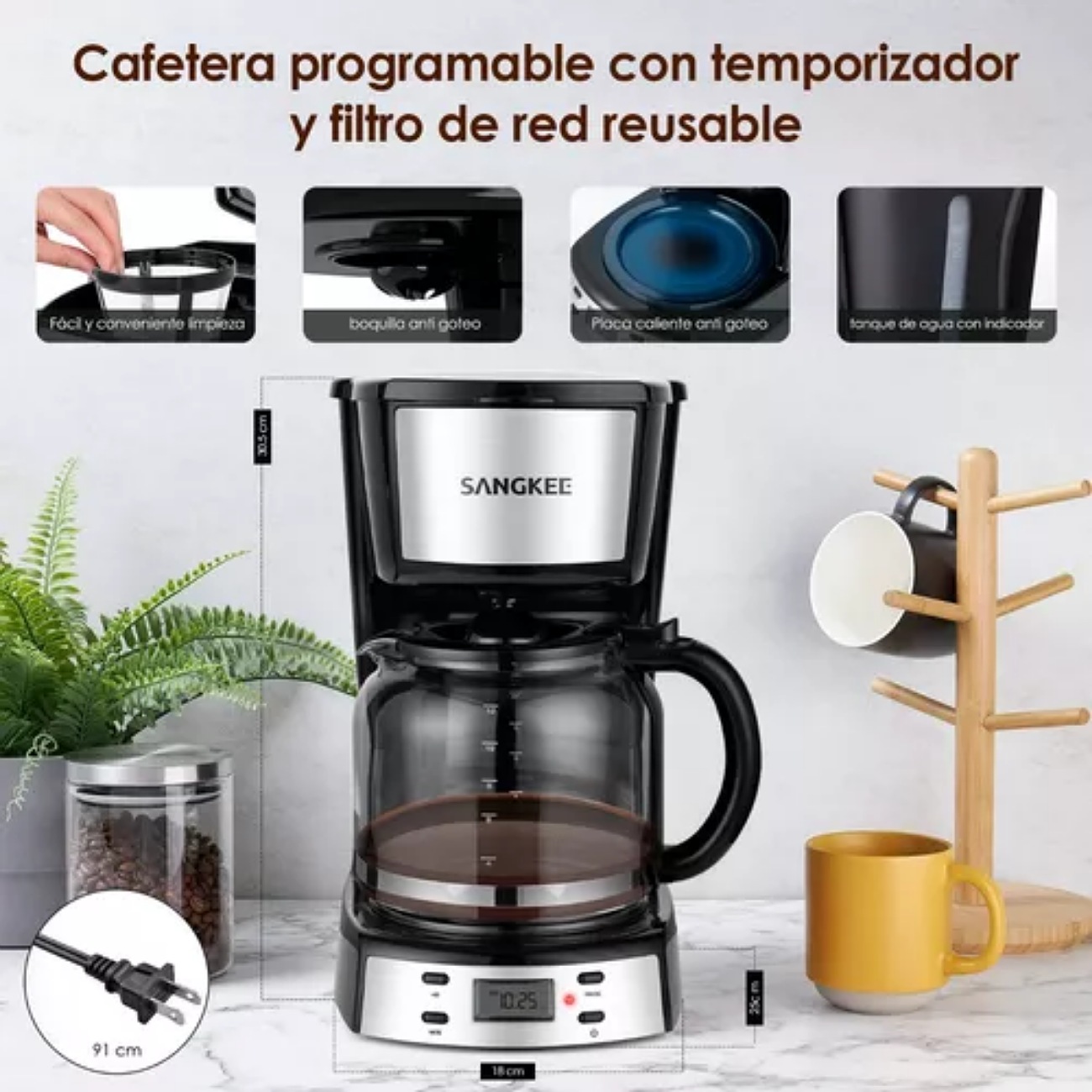 Sangkee Cafetera De Goteo, Cafetera Eléctrica 12 Tazas De Cafe Programable Con Temporizador De 24h, 1.8l Jarra De Vidrio,Electrodomesticos Cocina Cafetera Compacta Con Filtro Permanente Y Cuchar, DPS1